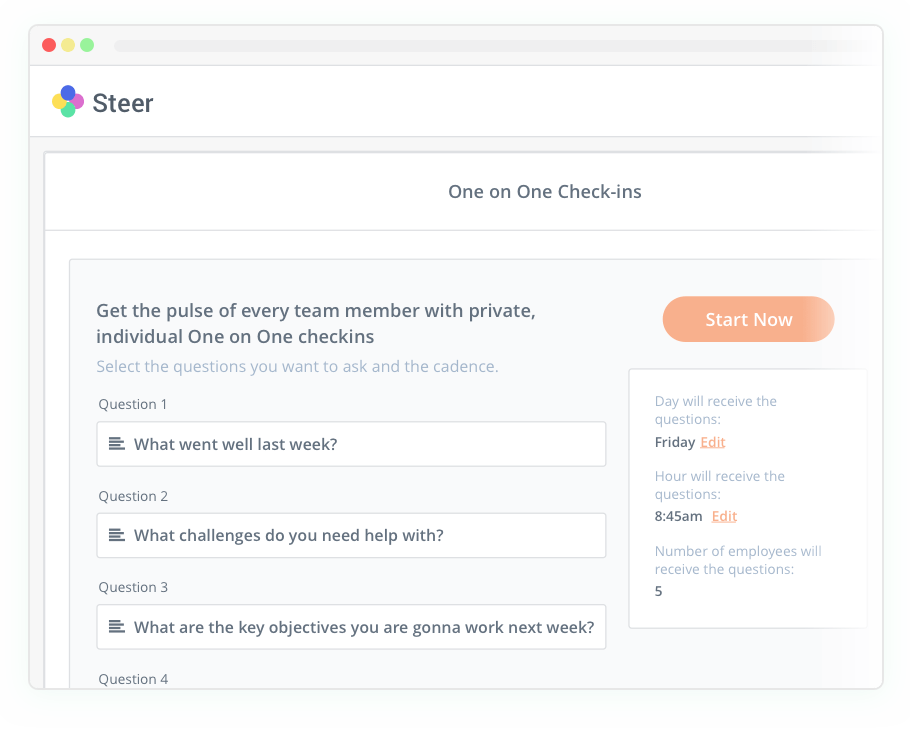 Select when and what of questions do you want to ask to your team members.
